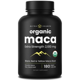 NutraChamps USDA Organic Maca Root Capsules for Women & Men, 2100mg, 180 Capsules, Black, Red & Yellow, Peruvian Maca Peruana, Extra Strength Pure Premium Gelatinized Root Powder Supplement
