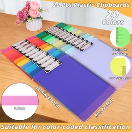 20 Pcs Plastic Clipboards Bulk with Scale Lines 20 Neon Colors Clear Colored Clip Board 12.5 x 9 in Standard A4 Letter Size Low Profile Clipboard Portable for Classroom Office Supplies Students