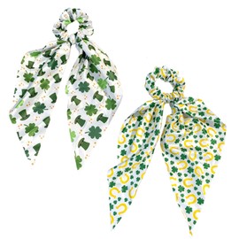 2Pcs St. Patrick's Day Hair Bows Clover Bow Silk Scrunchies Shamrock Knotted Bow Hair Ties Irish Cheer Hair Scarf Scrunchies Satin Ribbon with Long Tail St. Patrick's Day Hair Accessories