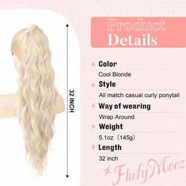 FLUFYMOOZ Ponytail Extension, Flexible Wrap Around Ponytail Extension Long Wavy Curly Ponytail Hair Extensions Natural pony tail Synthetic Hairpiece for Women 32 Inch (Cool Blonde)
