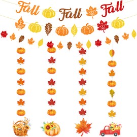 JKQ Glitter Fall Fall Fall Banner and Maple Leaves Pumpkin Banner Colorful Glittery Autumn Garland Thanksgiving Party Fireplace Mantle Decorations Indoor Outdoor Home Office Photo Booth Props