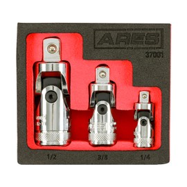 ARES 37001-3-Piece Universal Joint Socket Set - Includes 1/4-Inch, 3/8-Inch, and 1/2-Inch Drive U-Joints - Storage Rail Included