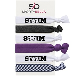 Swim Hair Ties Set – 6pc No-Crease Elastic Ponytail Holders with SWIM and Chevron Designs, Purple and Black Glitter Bands, Accessories for Girls, Swimmers, Teams, or Meet Day Gifts