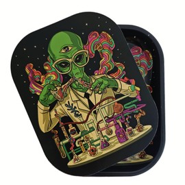 Premium Small Metal Tray with Soft Magnetic Lid, 7'' X 5.5'' Decorative Tray, Fantasy Colorful Alien Scientist Design,Ideal Storage for Home or Travel (Black)