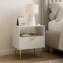 AEPOALUA Nightstand with Drawers, Fluted Night Stand, End Table for Living Room, Mid Century Modern Bedside Table, Dresser for Bedroom (11-White Stripe, 1 Drawer)