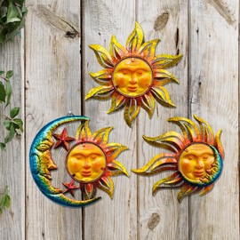 NewVees - Decoración de pared de metal con cara de sol, para interiores y exteriores, estrella de sol, luna y vidrio, colgante de metal para jardín, esculturas y estatuas, estatuas, arte de pared para
