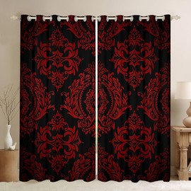 Feelyou Adults Red Vintage Damask Floral Curtains for Bedroom Oriental Antique 30%-50% Blackout Curtains (2 Panels, 38 x 54 Inch) Gothic Bohemia Boho Flower Darkening Drapes Bohemian Exotic