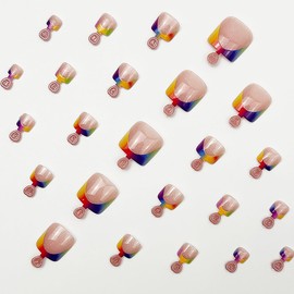 Summer Press on Toenails French Tip Short Square Rainbow Fake Toenails Glitter Toe Nails Press on Summer False Toenails Short Acrylic Full Cover Glue Stick on Toenails for Women French Manicure 24PCS