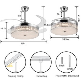42" Invisible Ceiling Fan with Light,Modern Crystal Ceiling Fan Light with Remote Control 4 Retractable ABS Blades for Bedroom Living Dining Room Decoration