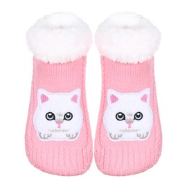 ZYZX Cat Cuddly Socks with Non-Slip Sole Winter Sherpa Fleece Fluffy Funny Cute Stopper Socks Comfortable Soft Warm House Socks Knitting Hut Socks Gifts, 143BTM