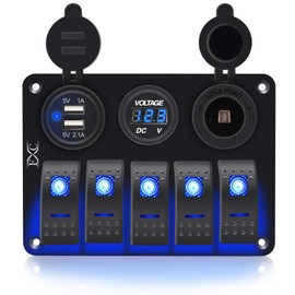 FXC FXC Waterproof Marine Boat Rocker Switch Aluminum Panel 5 Gang with Dual USB Slot Socket 3.1A + Volt Meter Blue LED Light for Car Rv Vehicles Truck (KG0149-5B Blue)
