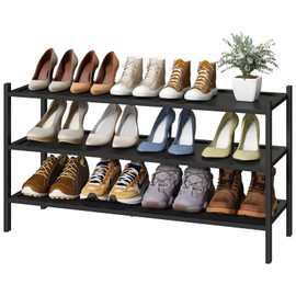 kiplant Black Long Shoe Rack, 3-Tier Bamboo Wood Shoe Rack for Entryway, Stackable | Foldable | Natural, Shoe Organizer for Hallway Closet, Free Standing Shoe Racks for Indoor Outdoor