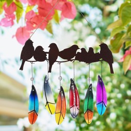 SUBOLO Glass Wind Chime for Outside Metal Bird Yard Art Colored Glass Memorial Wind Chimes for Mom Loved One Gifts