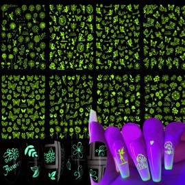 Luminous Nail Art Stickers 3D Self-Adhesive Nail Decals Design Flowers Fairy Butterfly Floral Leaf Vine Nail Sticker Decoration for Women Girls Manicure Tips Acrylic Nails Art Decal Supplies(8 Sheets)
