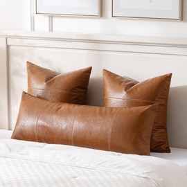 Fancy Homi Brown Boho Long Lumbar Faux Leather Body Decorative Throw Pillow Cover 14x36 Inch for Bedroom Couch Bed Sofa Bench, Hand Stitched Stylish Pillowcase, Rustic Modern Farmhouse Room Decor