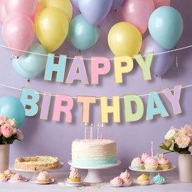 Pre-Strung Happy Birthday Banner - NO DIY - Pastel Birthday Party Banner - Pre-Strung on 8 ft Strands - Pastel Multi Color Rainbow Macaron Birthday Party Decorations For Kids Boys & Girls. Did we