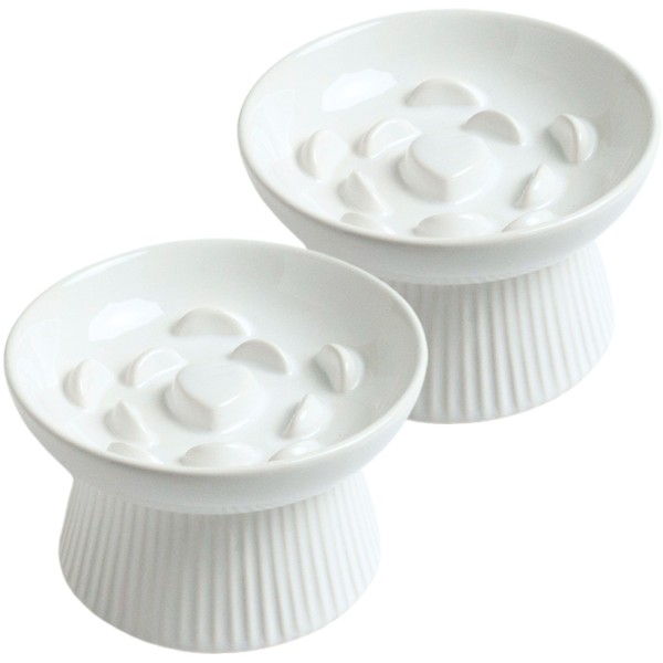 LE SERVETA 2 Pack Ceramic Slow Feeder Cat Bowl, Raised