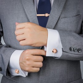 AMITER Initial Tie Clip and Cufflinks Set for Men, A-Z Letter Rose Gold Necktie Bar and Shirt Studs Cuff Links for Wedding, Anniversary, Birthday, Small, metal