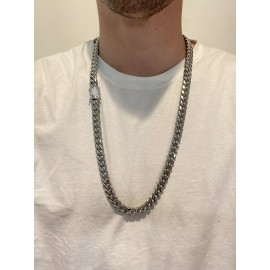 Hip Hop Miami Cuban Chain 14k White Gold Plated SS Mens HipHop Iced CZ Clasp Necklace