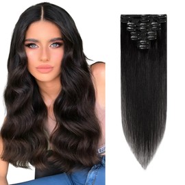Rich Choices Clip-In Real Hair Extensions, Pack of 8, 45 cm, #1 Patent Black Hair Extensions, Real Hair, Remy Silky Straight, Invisible Clip-In Hair Extensions, Natural, Thin Wefts
