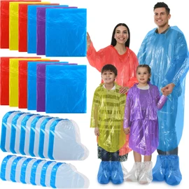Funnysoft 12 Sets Rain Disposable Poncho and Shoe Covers Family Pack Plastic Waterproof Disposable Emergency Raincoat with Hood Adult Kids Shoe Covers for Camping Travelling Amusement Park