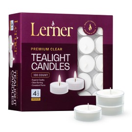 Lerner Clear Tea Lights Candles Bulk - 4.5 Hour Clear Cup Tealight 100 Pack - Consistent Smkless Clean Burning - Holiday, Wedding, Spa, Emergency and Home Decoration Candles