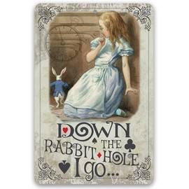 Down The Rabbit Hole I Go - Alice in Wonderland Decor - Metal Sign - Use Indoor/Outdoor - Metal Alice in Wonderland Signs Home Decor Wall Art - Perfect Alice in Wonderland Decor and Gifts