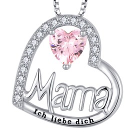 YL Mama Necklace 925 Sterling Silver Engraving I Love You Cut 12 Birthstones Zirconia Mum Pendant Chain for Women, Silver, Cubic Zirconia