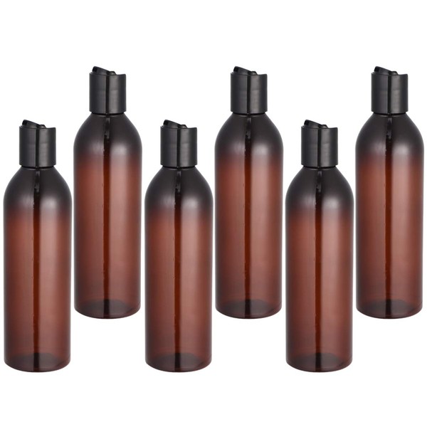 FRCOLOR Pack of 6 250 ml Press Cap Bottles Press Lid Travel Bottles Plastic Squeeze Bottle Container with Press Cap for Shampoo Cream Lotion (Brown Bottle and Black Lid), brown