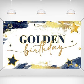 Printspree Golden Birthday Banner-70.8x43.3in Navy and Gold Design with Glitter Stars for Party Decorations and Birthday Celebrations
