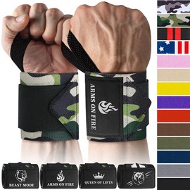 TECEUM Weightlifting Wrist Wraps with Thumb Loop – Camo – Arms on Fire – 18 inch – Heavy-Duty Workout Wrist Support & Protection – Ideal for Powerlifting, Strength Training, Bodybuilding