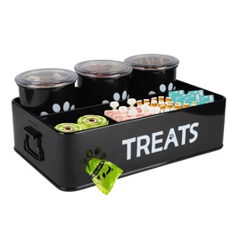 Dog Treat Container, Metal Dog Cookie Jar, Dog Food Storage Container with 3 Jars,Farmhouse Dog Food Storage Cat Treat Container,Airtight Dog Treat Bin,Cat Dog Biscuit Dispenser,Pet Accessories(Black)