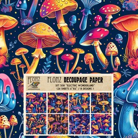 Decoupage Paper Pack (24 sheets 6"x6") Electric Wonderland: Vibrant Neon Mushrooms in Psychedelic Forests for Bold and Dazzling Art Projects # Vintage Styled Paper for Craft and Scrapbooking