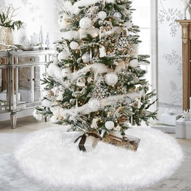 Ivarunner Christmas White Tree Skirt,48 Inch Large Faux Fur Tree Skirt,Plush Tree Mat for Xmas Tree Pet Mats White Christmas Decorations Fall Winter Party Home Decor