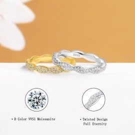SILVERNANA Sterling Silver Moissanite Wedding Band for Women 0.4ct Moissanite Diamond Wedding Ring Gold Plated Twisted Vine Stackable Eternity Ring Size 10