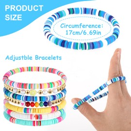 7Pcs Preppy Bracelet Set Colorful Heishi Surfer Clay Bead Bracelets Preppy Jewelry Evil Eye Beaded Stretch Bracelet Stackable Elastic Layering Bracelets Boho Summer Beach Bracelets for Women Girls