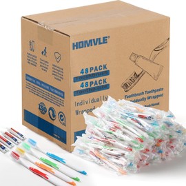 HOMVLE- Paquete económico: 48 paquetes de cepillos de dientes desechables con pasta de dientes, económicos y rentables. Estos cepillos de dientes desechables a granel se usan una vez, se desechan, se