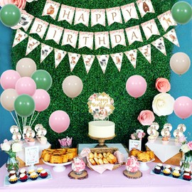 JOYMEMO Woodland Birthday Decorations for Girls, Floral Woodland Happy Birthday Banner, Woodland Creatures Cupcake Toppers, Pink Forest Animals Birthday Party Supplies
