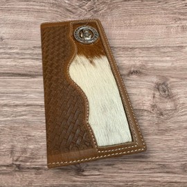 Western Stakes Leather Bi Fold Mens Long Wallet Saint Jude Cow Hair Cowhide Leather Basketweave Rodeo Wallet Cowboy Style Hand Crafted High End Mens Wallets Leather Gifts For Men (Brown)