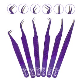 SIVOTE Eyelash Extension Tweezers Fiber Tips Japanese Steel, Set of 6, Curved, Dolphin, 90 Degree 45 Degree, Volume Boot & Slight Curved Tweezer, Purple