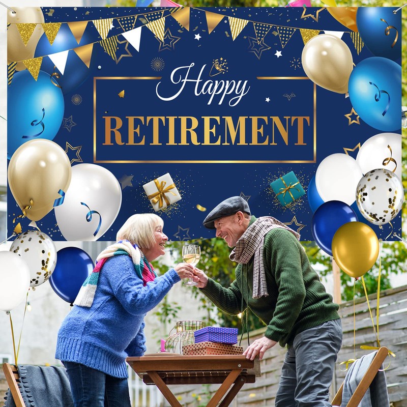 Retirement Party Decorations: Navy Blue & Gold Banner & Balloons