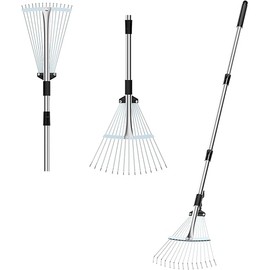 Stainless Steel Garden Leaf Rake, Strong Metal Rake for Leaves, Adjustable Length 37"-53", Adjustable Expandable Head 8"-17", for Lawn Garden Yard Flowers Beds Bush