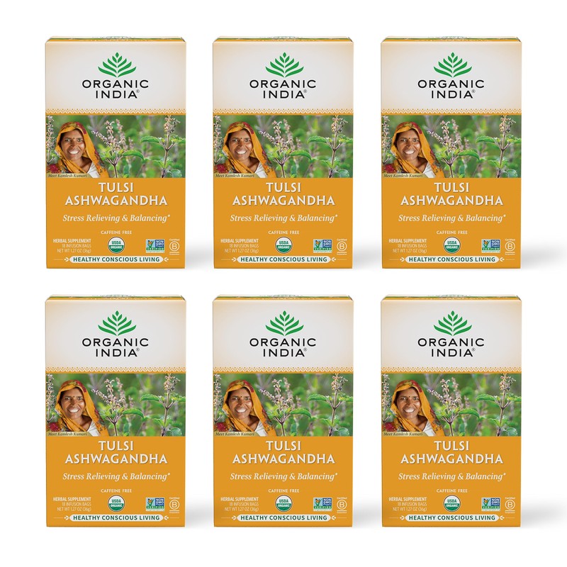 ORGANIC INDIA Calming Tulsi Ashwagandha Tea - Organic Tea Bags,