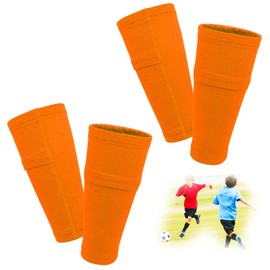 FIBOGOUP 2 Pairs of Shin Pads Holders Children Men Socks with Optimised Pocket Football Shin Pads Sleeves Socks Breathable Non-Slip Stable (Orange L)