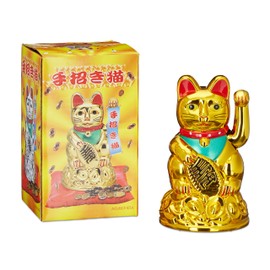 Relaxdays Maneki Neko Waving Cat Good Luck Bringer, Gold, 6.5 x 6.5 x 11 cm