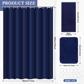 Fanfanwin 3 Pcs Bathroom Curtain Sets with Shower Rug and Towel Waterproof Shower Curtain Non Slip Bathroom Rug Bath Mat Soft Hand Towel with 12 Hooks for Hotel Shower Bathroom Decor (Navy Blue)