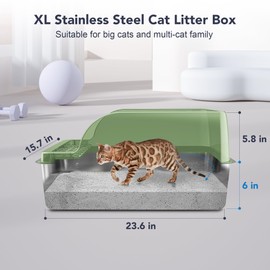 UPSKY Stainless Steel Cat Litter Box with Lid, XL Large Metal Litter Box for Large Breeds, Enclosed Kitty Litter Pan with High Sides, Leak-Proof & Non-Stick, Easy to Clean, Scoop and Mat Included