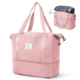 Vacuum Travel Bags with Pump, Large Duffle Bag Personal Item 18x14x8 Inches, Expandable Weekender Bags Women Men, Overnight Carry on Bag for Airplanes, Traveling, Trips, Sport, Hospital - Pink