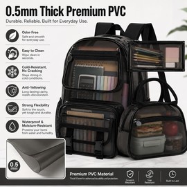 KLFVB Clear Backpack Heavy Duty, 3PCS See Through School Bag Set for Work & Travel, Transparent Bookbag for Girls & Boys - Semi-Black