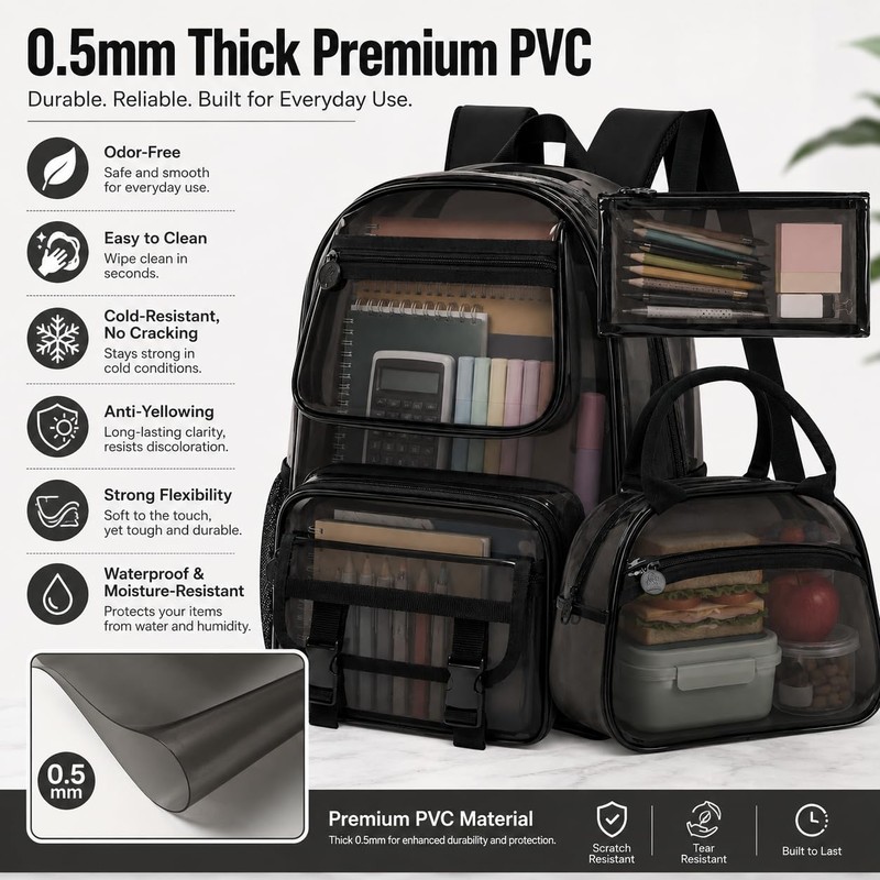 KLFVB Clear Backpack Heavy Duty, 3PCS See Through School Bag